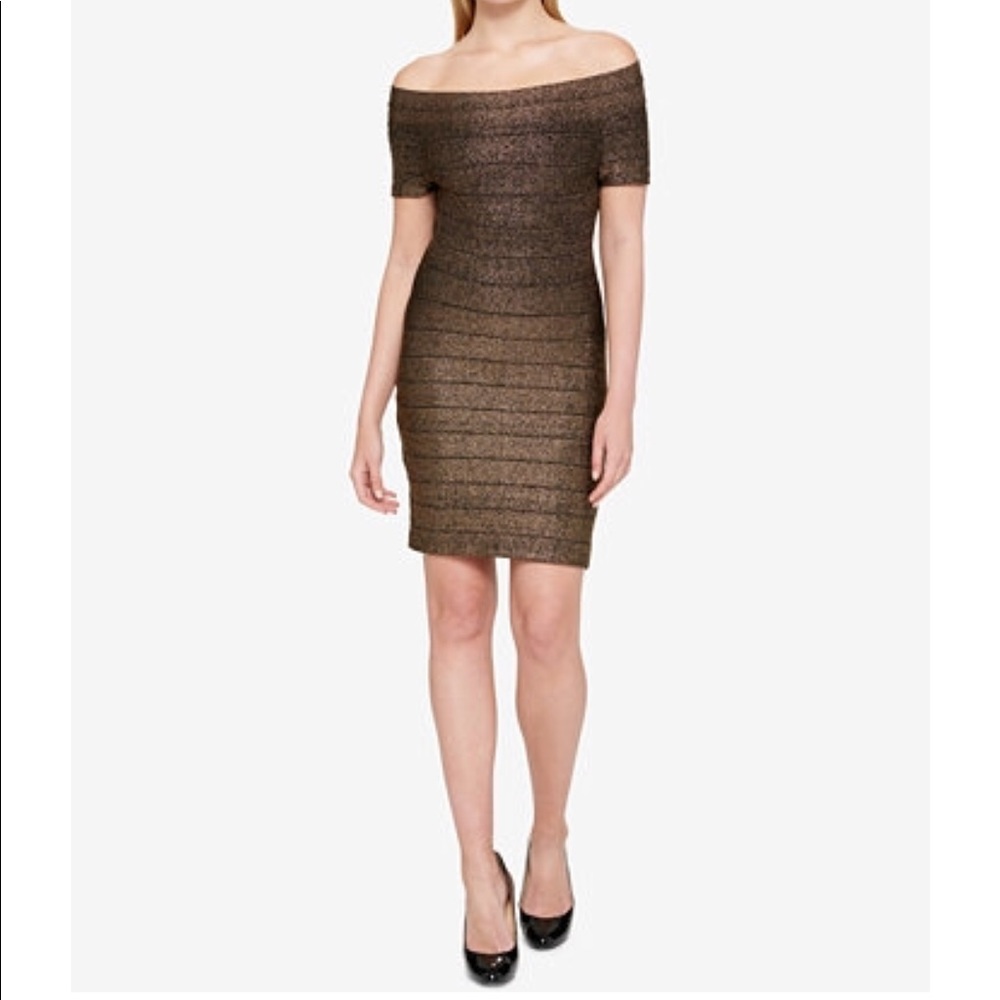 GUESS off the shoulder metallic bandage dress